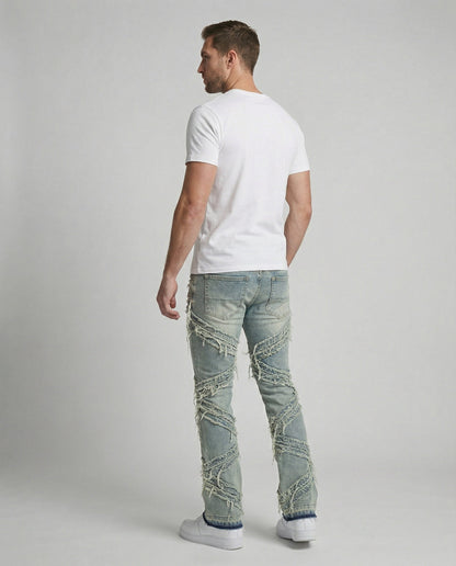 Jeans Uomo Denim Strappato Taglio Dritto