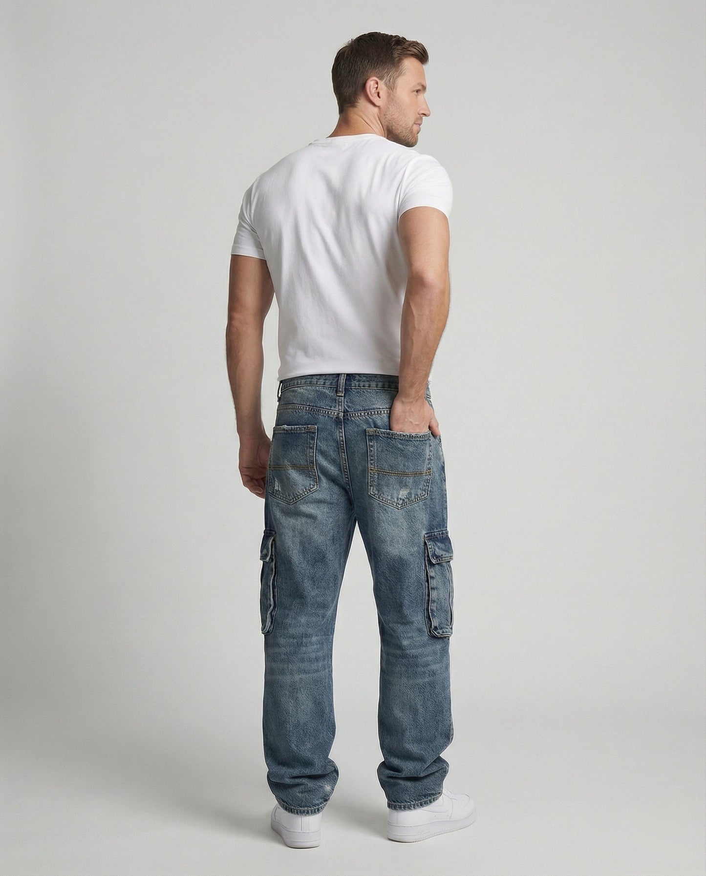 Jeans Cargo Uomo Tasche Comode Vestibilità Ampia