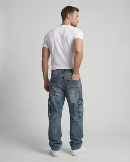 Jeans Cargo Uomo Tasche Comode Vestibilità Ampia