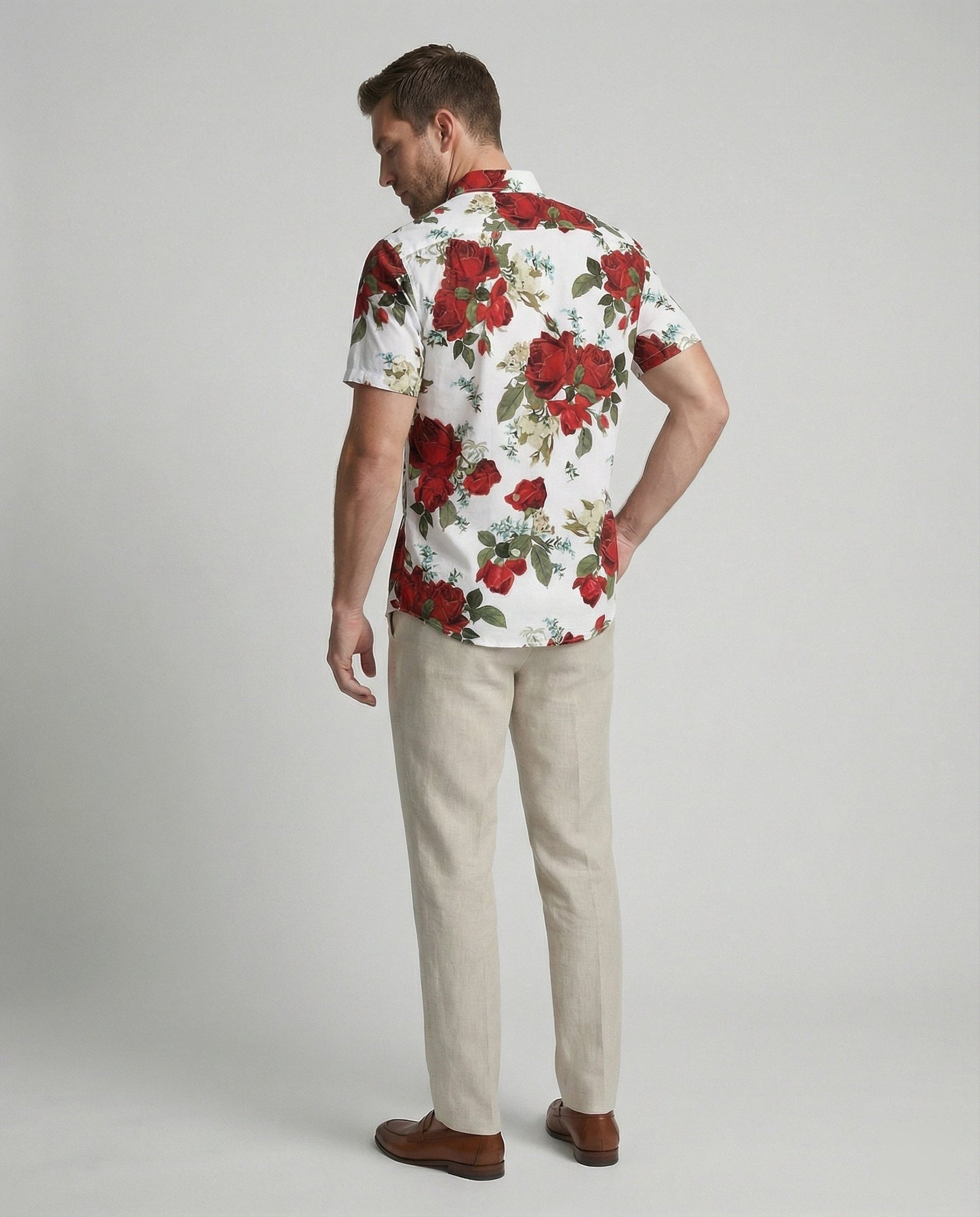 Camicia Uomo Manica Corta Fantasia Floreale Effetto Lino