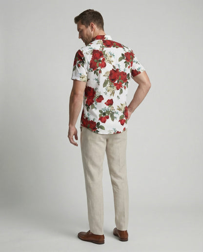 Camicia Uomo Manica Corta Fantasia Floreale Effetto Lino