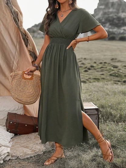 Abito Maxi Donna Scollo a V Stile Boho Elegante