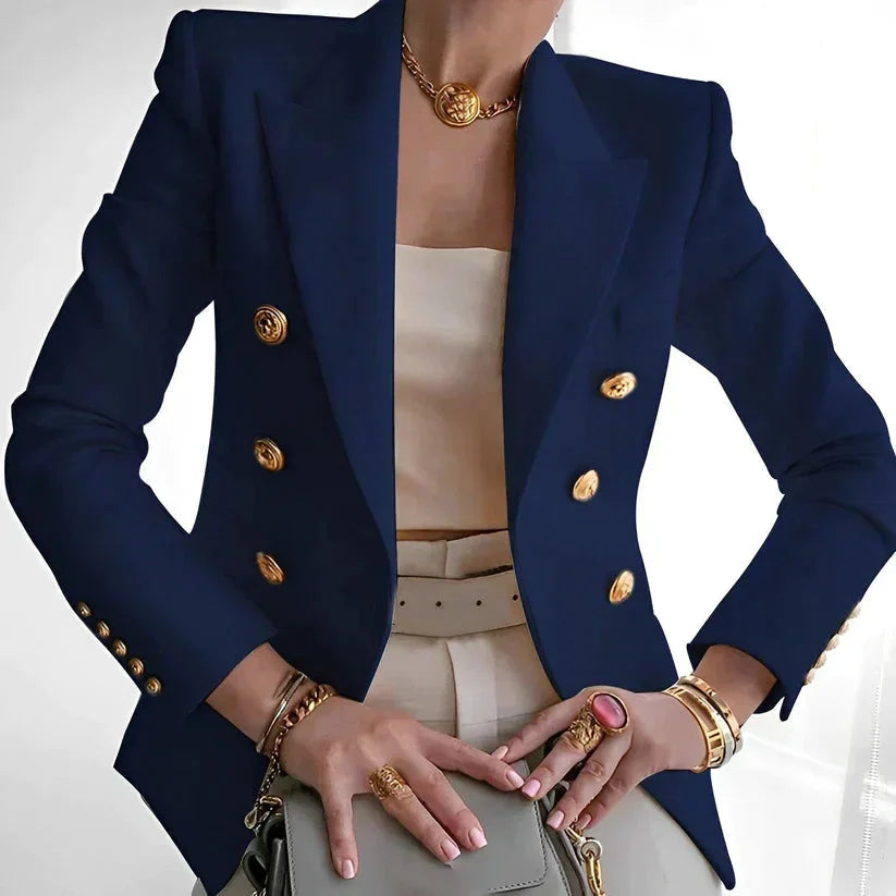 Blazer femme noir à double boutonnage, avec boutons dorés, au design classique et en tissu durable.
