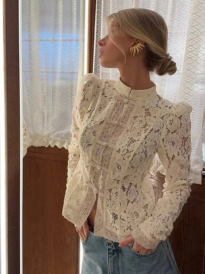 Blusa Donna in Pizzo Collo Alto Manica Lunga - Vesarelli
