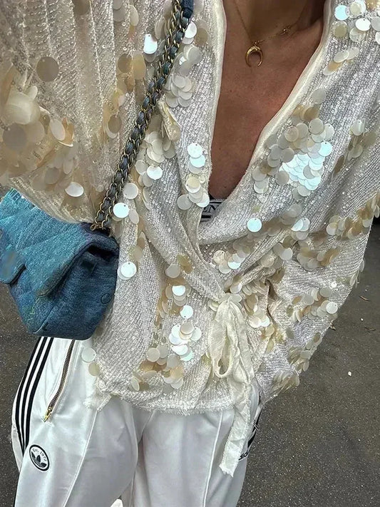 Blusa Donna con Paillettes Scollo a V - Vesarelli