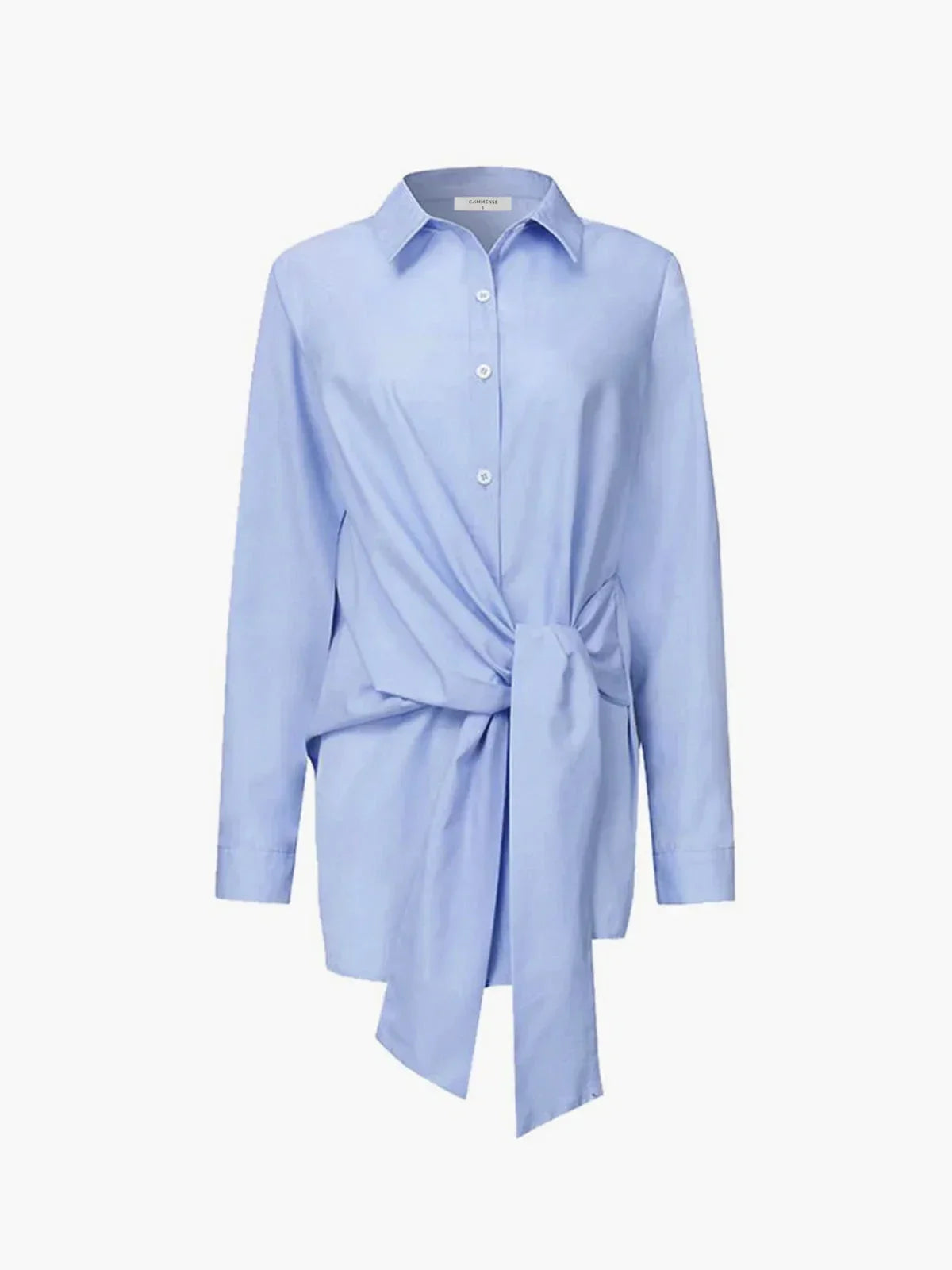Blouse femme bleu, nouée devant, manches boutonnées, en coton léger, design élégant et décontracté pour toutes occasions.