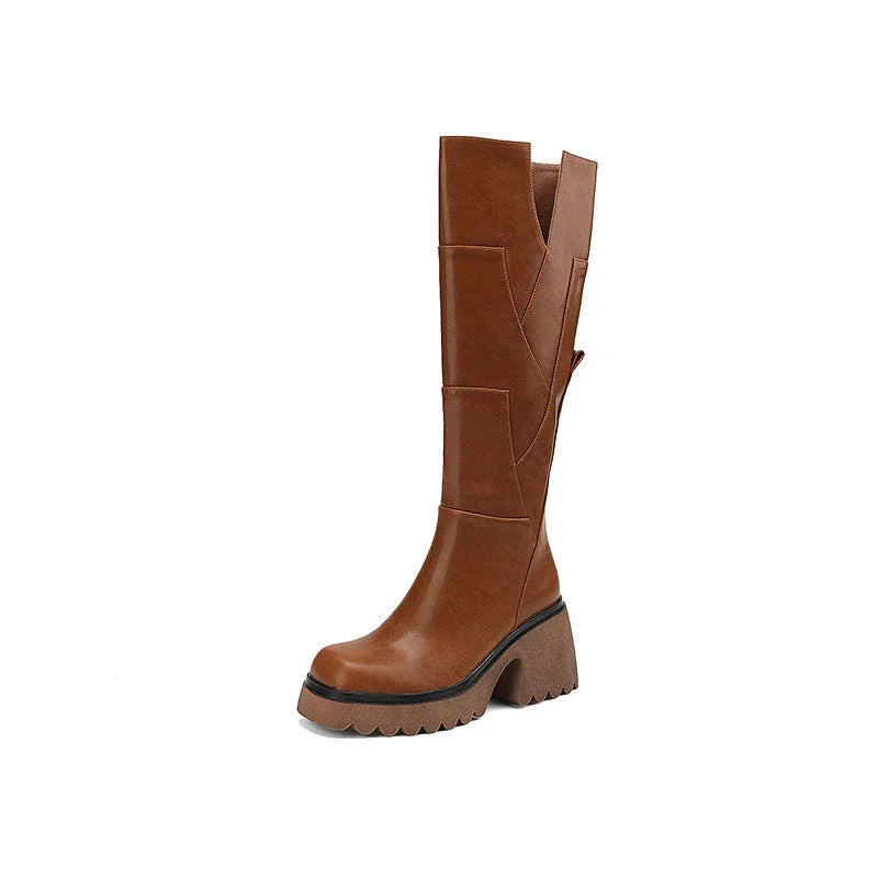 Bottes noires pour femmes, hautes, à zip, avec talon carré en simili cuir.
