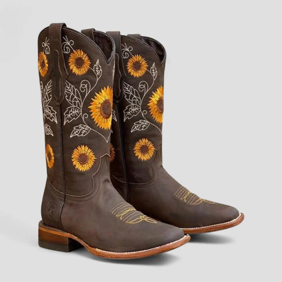 Stivali Donna Western Ricamati Floreali Tacco Basso - Vesarelli