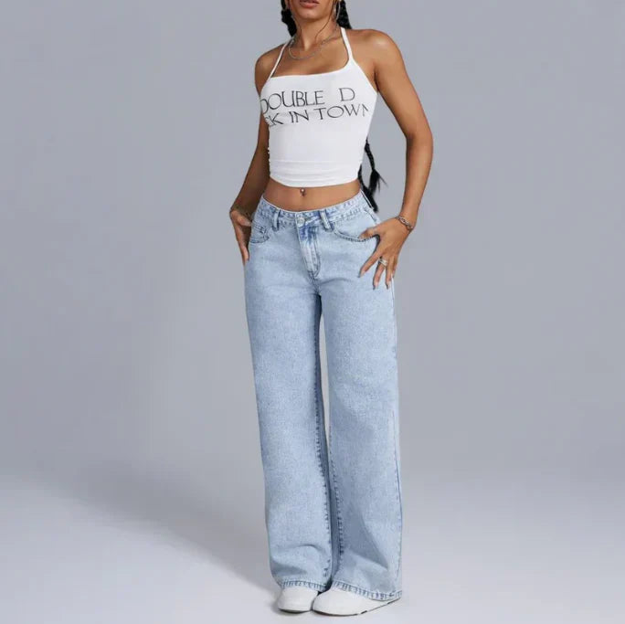 Jeans Donna Gamba Larga con Dettagli Fiocco in Vita