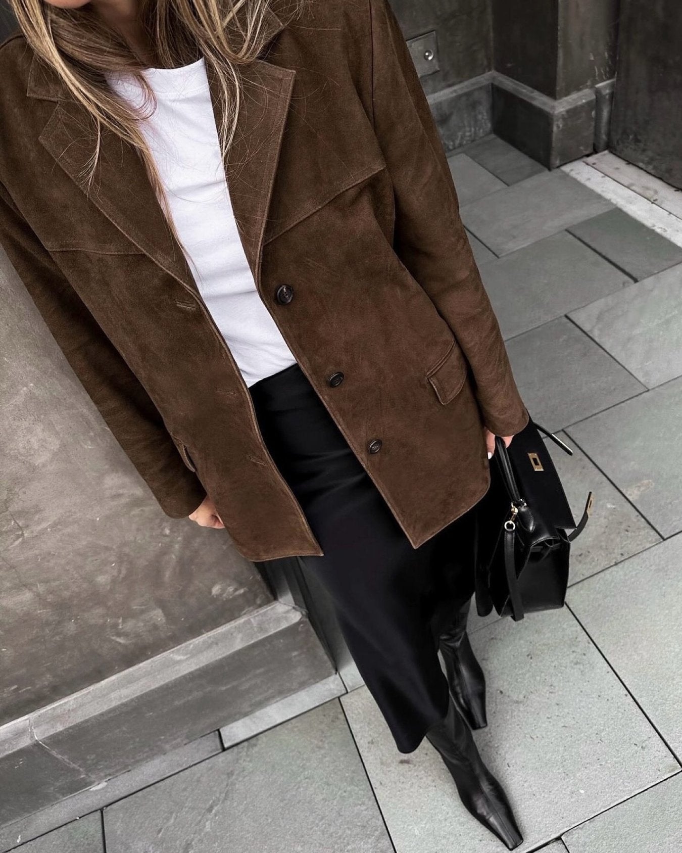 Giacca Donna in Pelle Scamosciata Classica con Chiusura a Bottoni