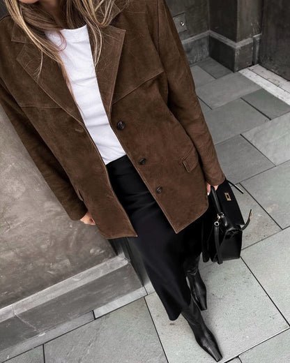 Giacca Donna in Pelle Scamosciata Classica con Chiusura a Bottoni
