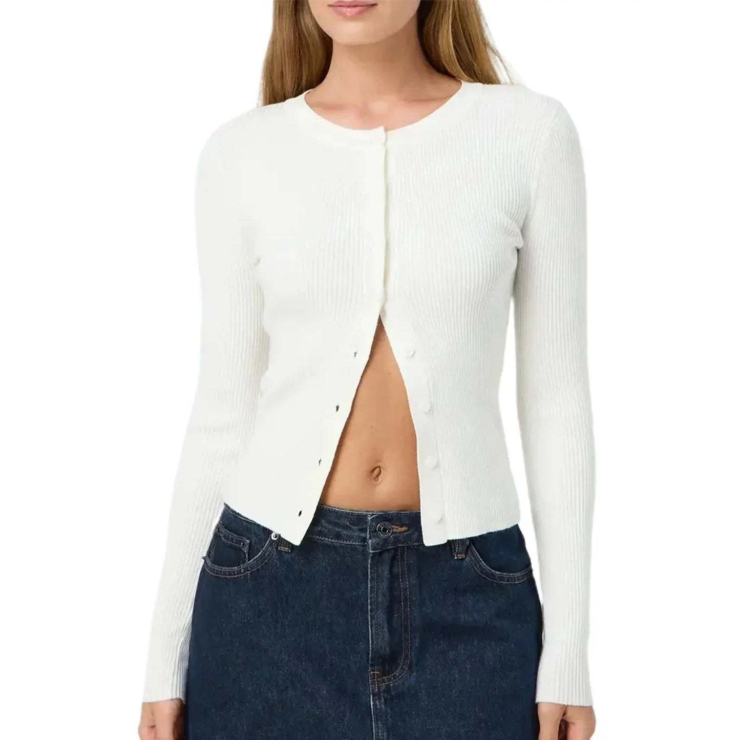 Cardigan ajusté pour femme, manches longues côtelées, en mélange de coton, couleur jaune.