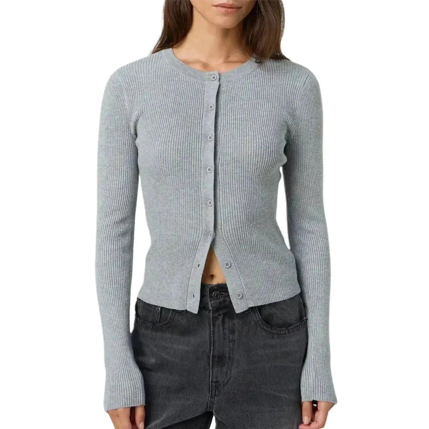 Cardigan femme ajusté jaune à manches longues côtelées en matière douce et extensible.
