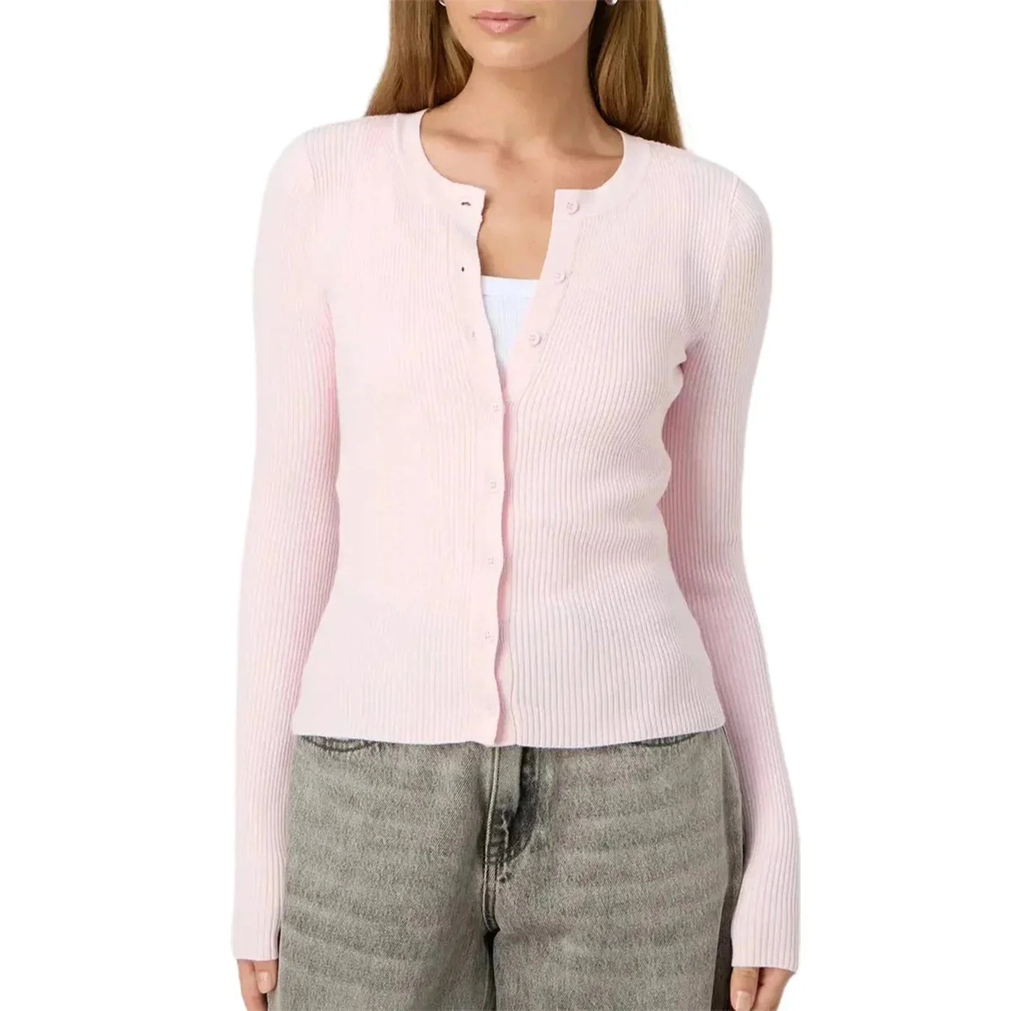 Cardigan ajusté jaune à manches longues côtelées en tricot doux pour femme.
