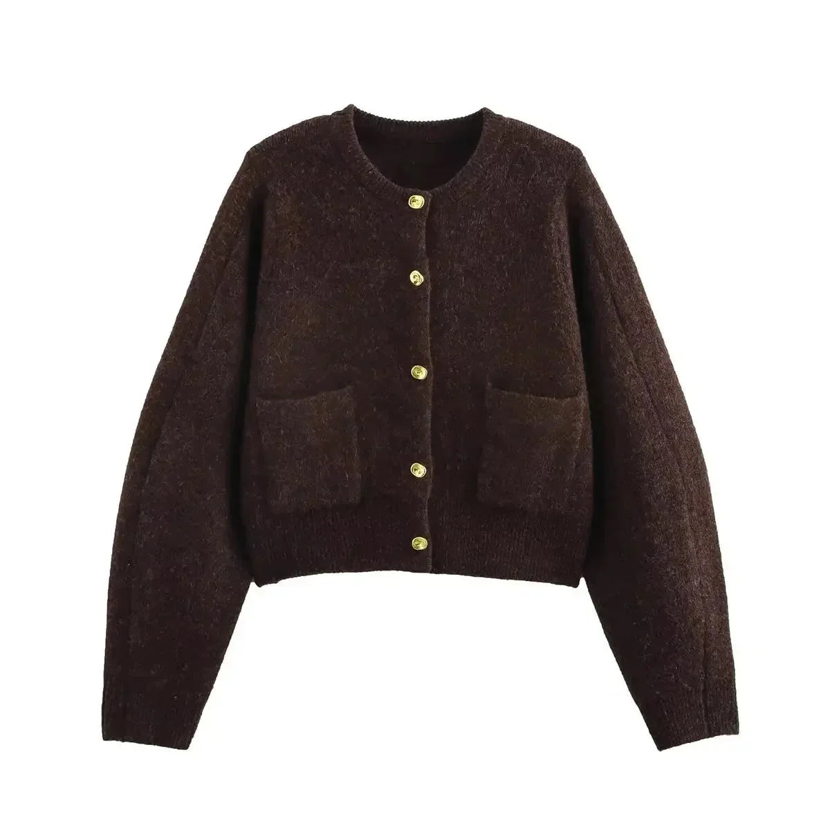 Cardigan femme brun en tricot, coupe confortable, avec poches pratiques pour un usage quotidien.