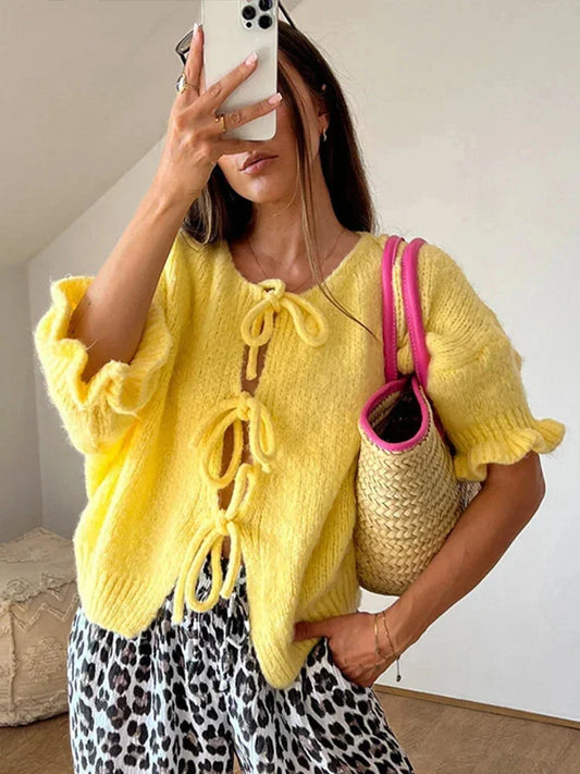 Cardigan Donna in Maglia con Fiocchi e Scollo Aperto - Vesarelli