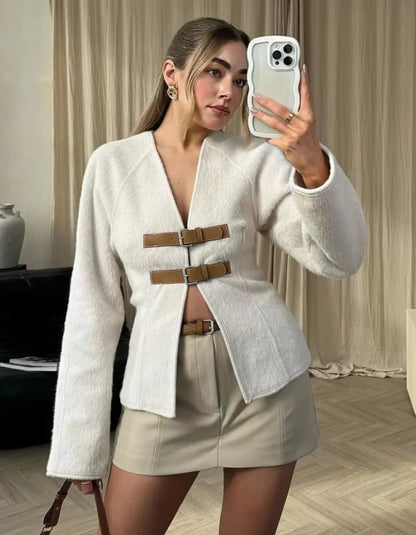 Cardigan Donna in Maglia con Scollo Aperto e Cinturini - Vesarelli