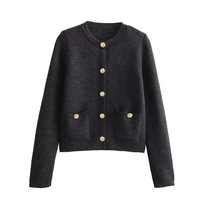 Cardigan noir pour femme, tricoté, avec boutons, design classique et polyvalent, facile à assortir.