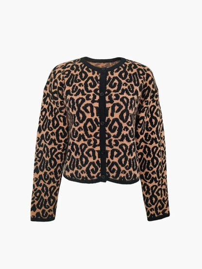 Cardigan femme en tricot avec boutons, imprimé léopard, coupe décontractée, adapté pour l'hiver.