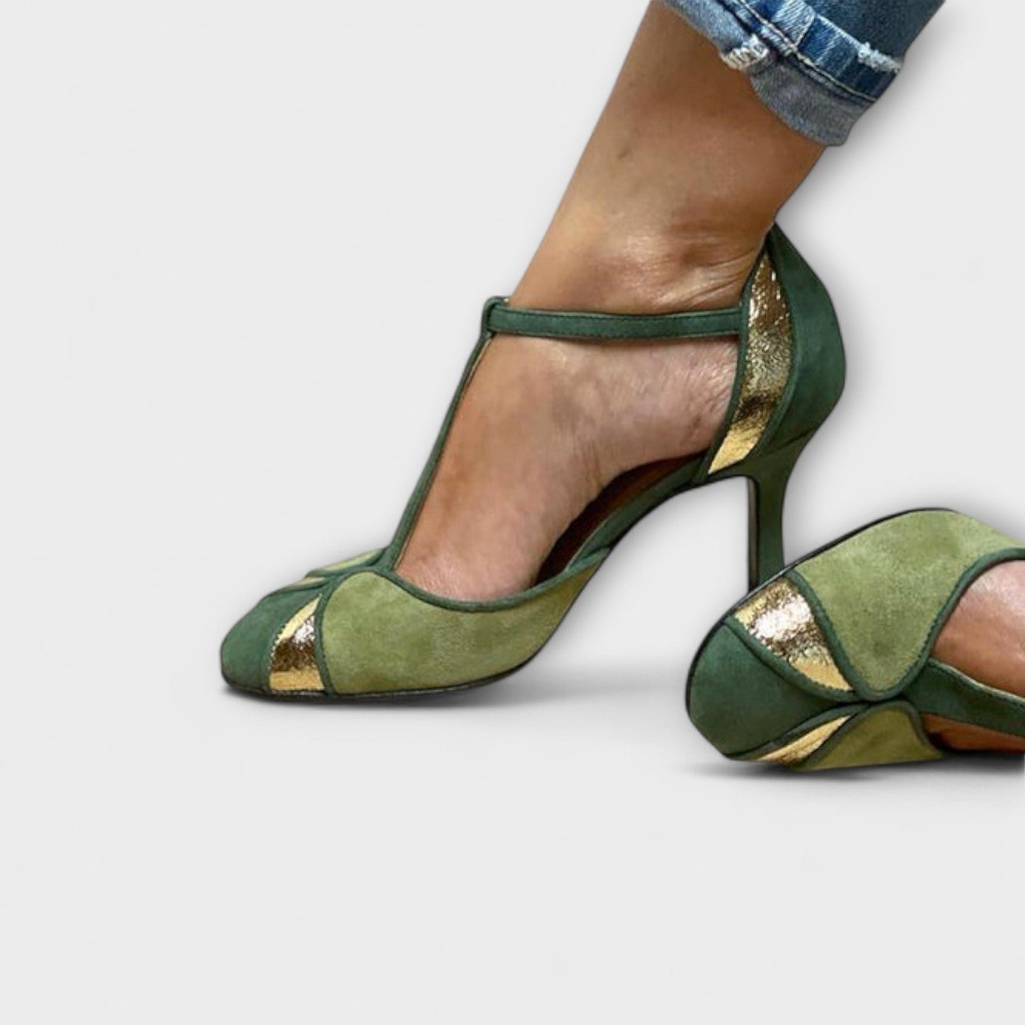 Scarpe Donna Décolleté Patchwork T-Strap Punta Chiusa