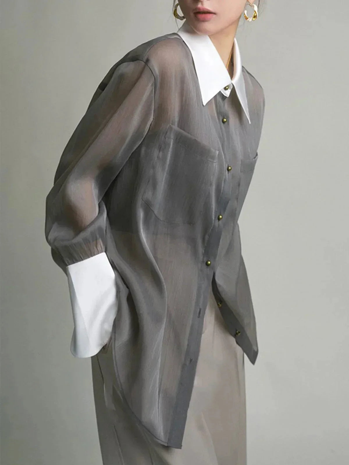 Camicia Donna Trasparente Maniche Lunghe Collo e Polsini Contrasto - Vesarelli