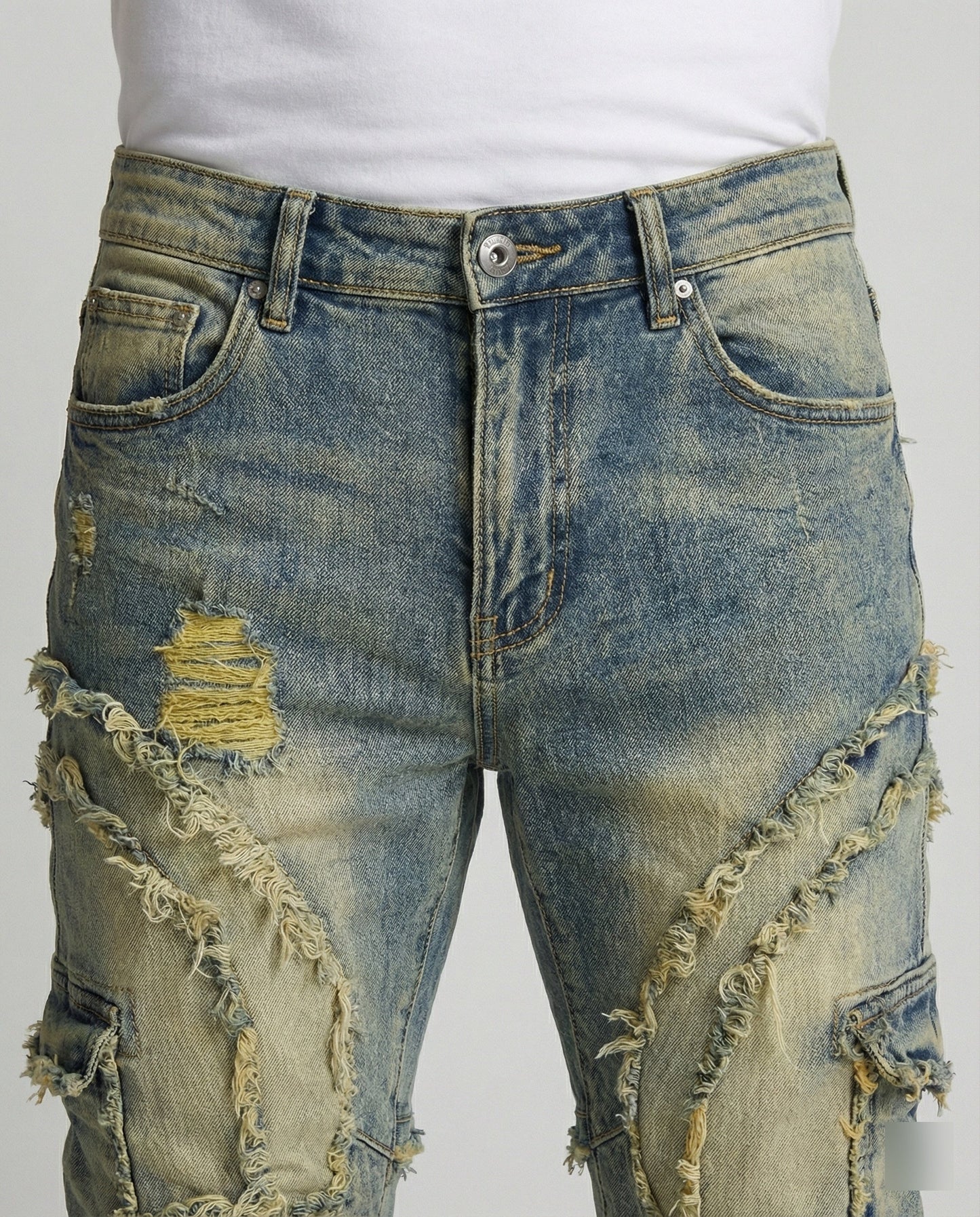 Jeans Uomo Strappati con Tasche Cargo Regular Fit