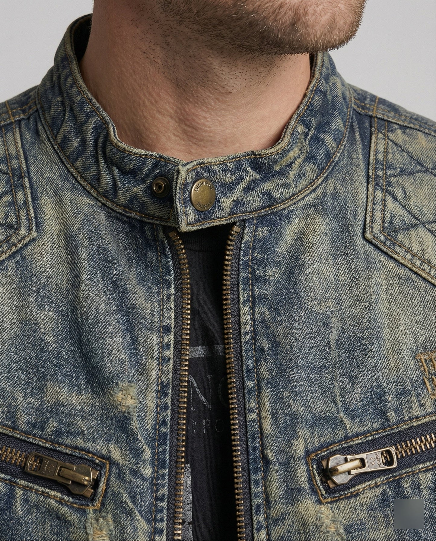 Giacca Jeans Uomo Stile Biker Collo Alto