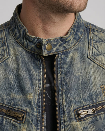 Giacca Jeans Uomo Stile Biker Collo Alto