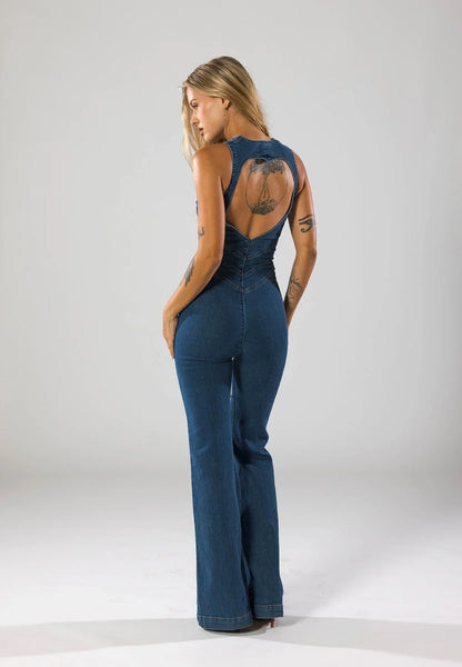 Combinaison en denim bleu marine pour femme, décolleté plongeant, design polyvalent pour occasions décontractées et…