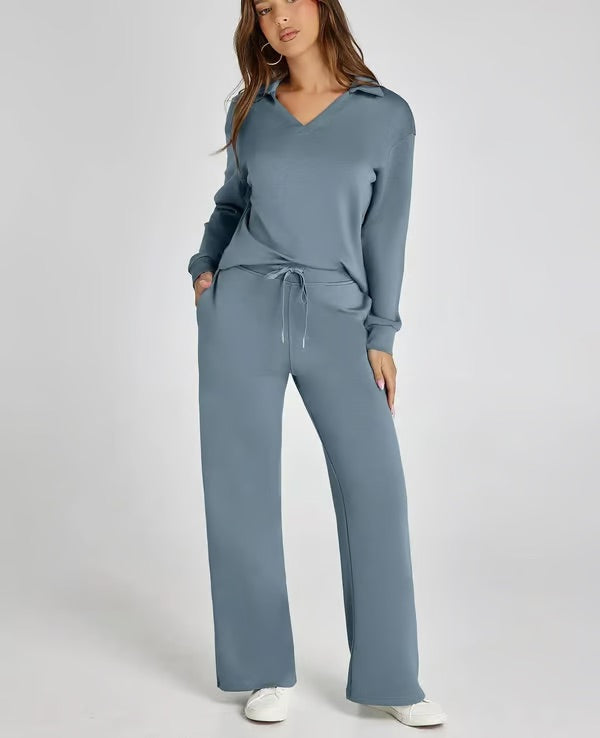 Completo Donna Maglione Scollo a V e Pantaloni Larghi Comodo Autunno - Brentozzi