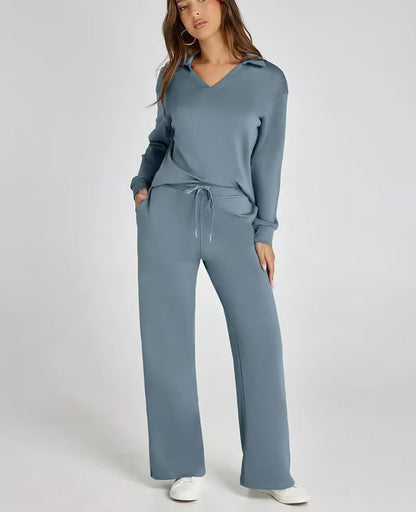 Completo Donna Maglione Scollo a V e Pantaloni Larghi Comodo Autunno - Brentozzi