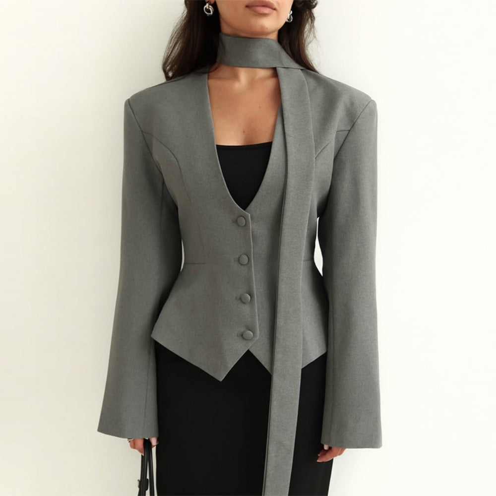 Blazer Donna Manica Lunga con Sciarpa Elegante