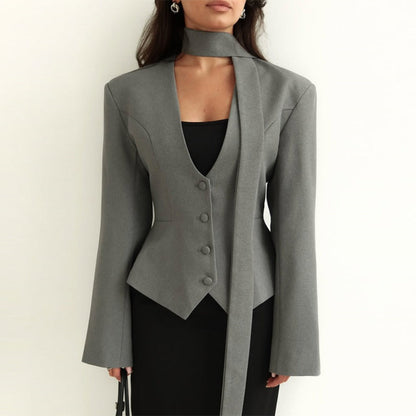 Blazer Donna Manica Lunga con Sciarpa Elegante