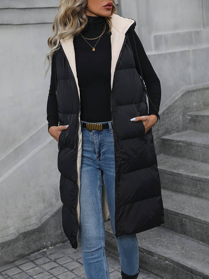 Gilet Lungo Donna con Cappuccio e Chiusura Zip