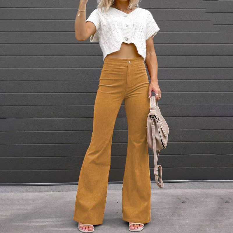 Pantaloni Donna in Velluto a Coste Vita Alta Taglio Svasato
