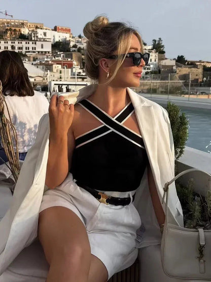 Donna Bretelle Incrociate Halter Bordo Contrasto - Vesarelli