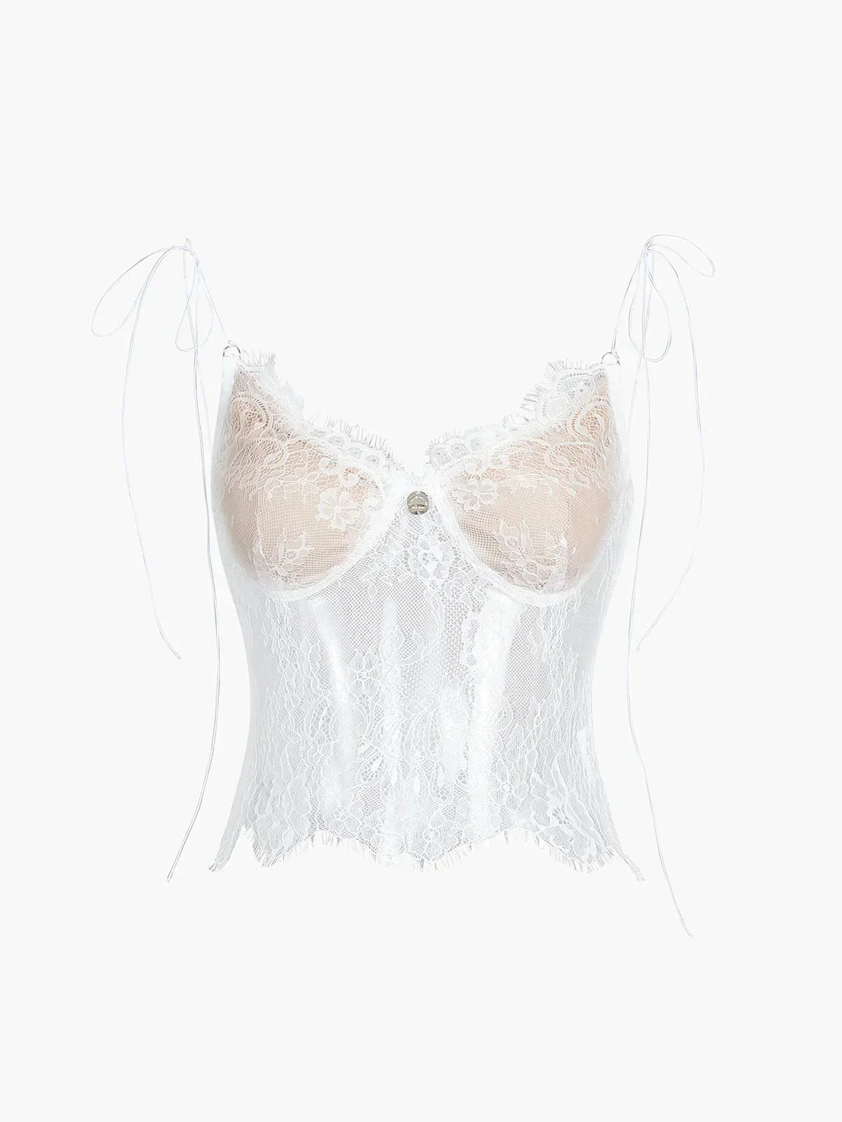 Débardeur blanc en tissu léger avec dentelle ajustable et fines bretelles, parfait pour un look décontracté.