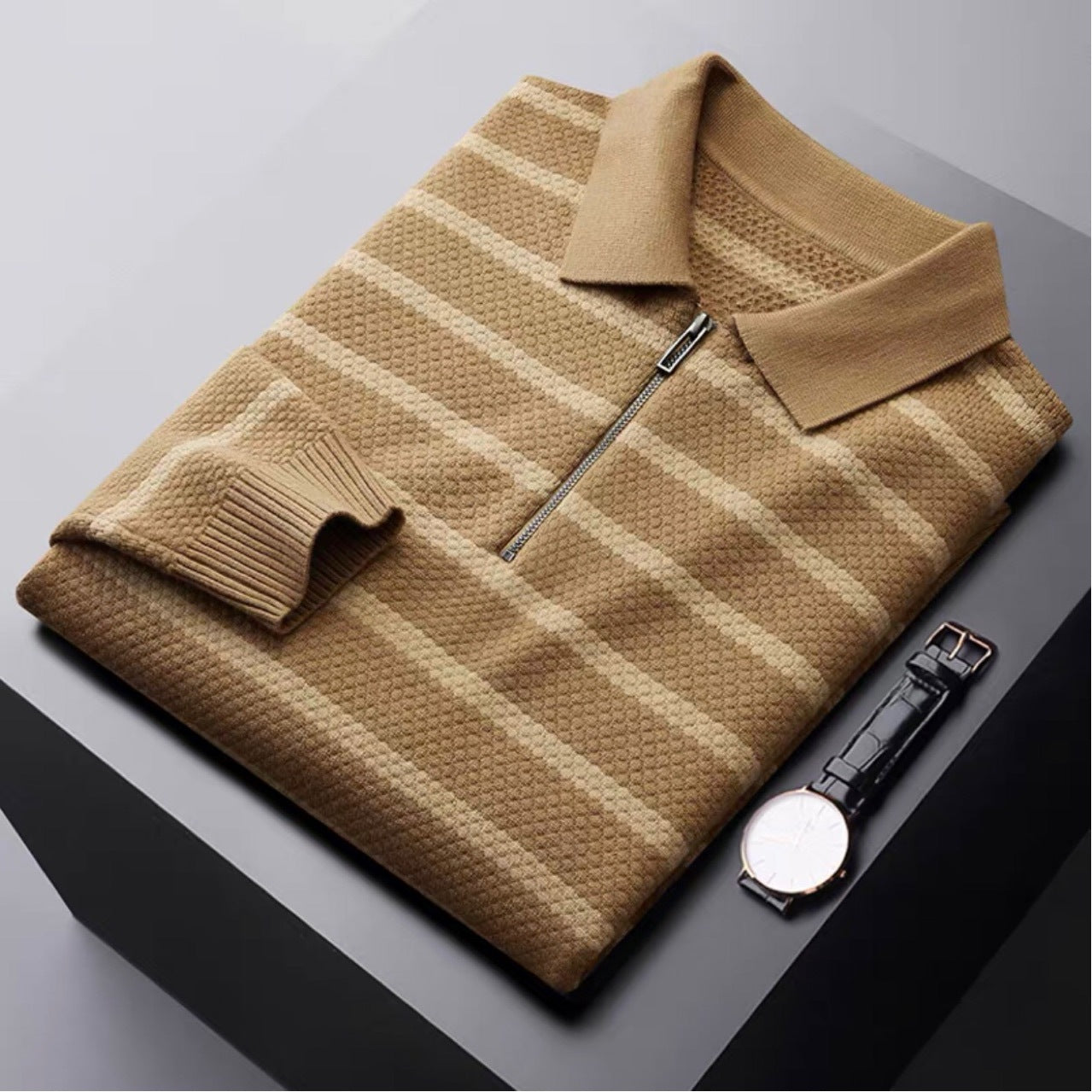 Polo Uomo Maglia a Righe Mezza Zip Manica Corta