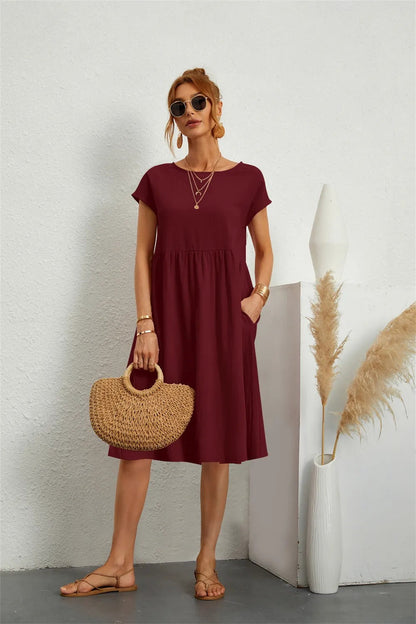 Abito Midi Donna Manica Corta Tasche Casual