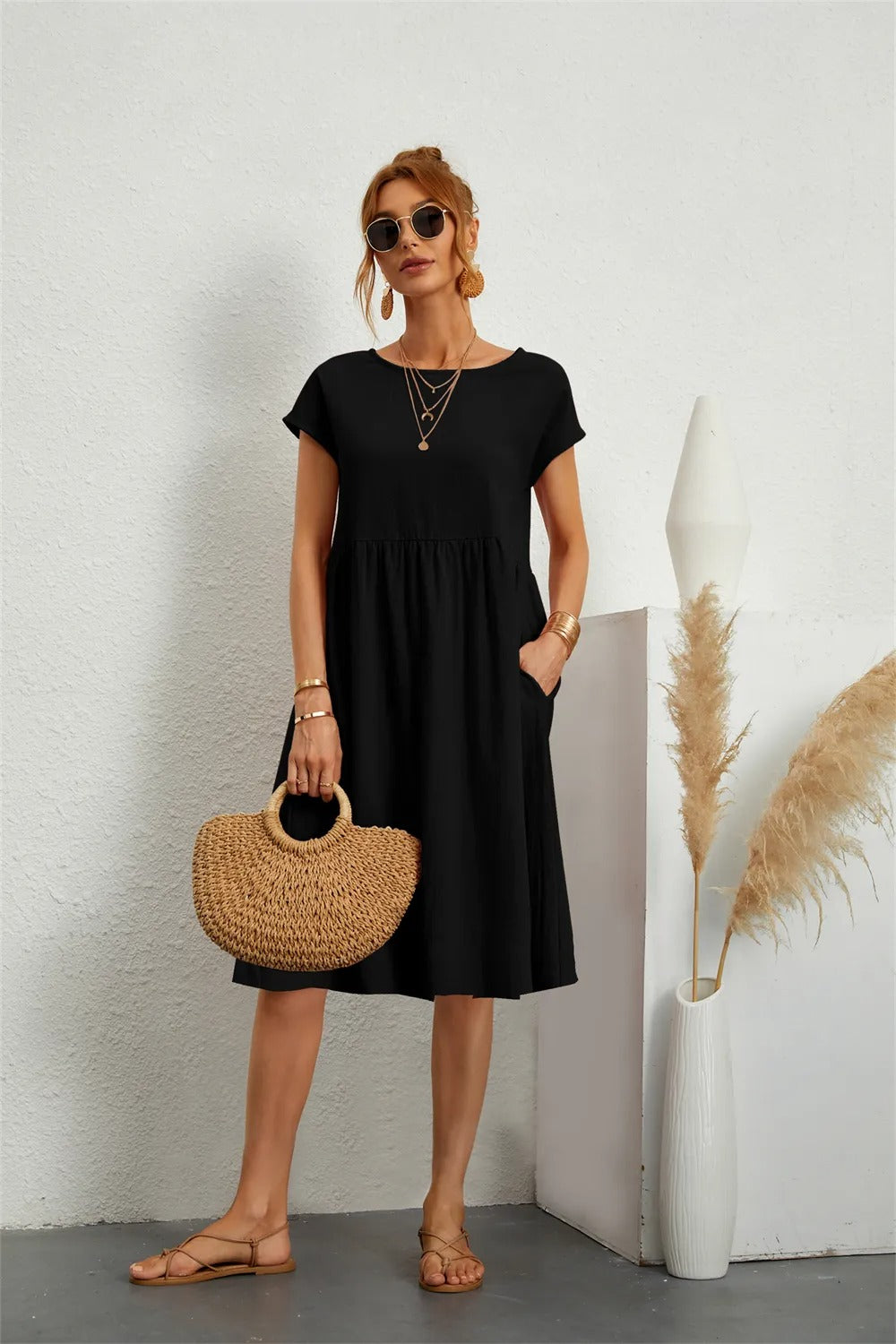 Abito Midi Donna Manica Corta Tasche Casual