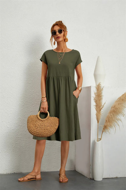 Abito Midi Donna Manica Corta Tasche Casual