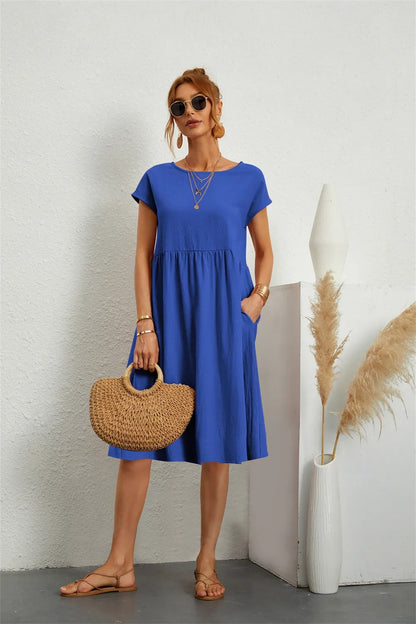 Abito Midi Donna Manica Corta Tasche Casual