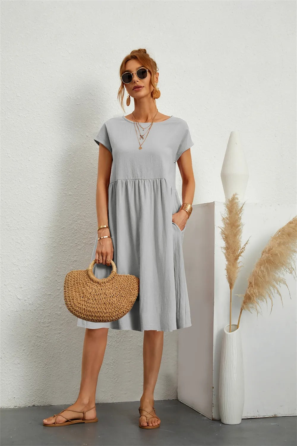 Abito Midi Donna Manica Corta Tasche Casual