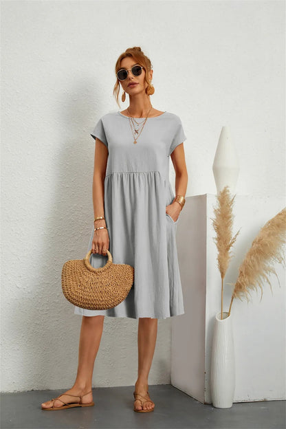 Abito Midi Donna Manica Corta Tasche Casual