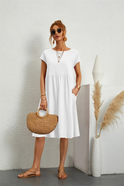 Abito Midi Donna Manica Corta Tasche Casual