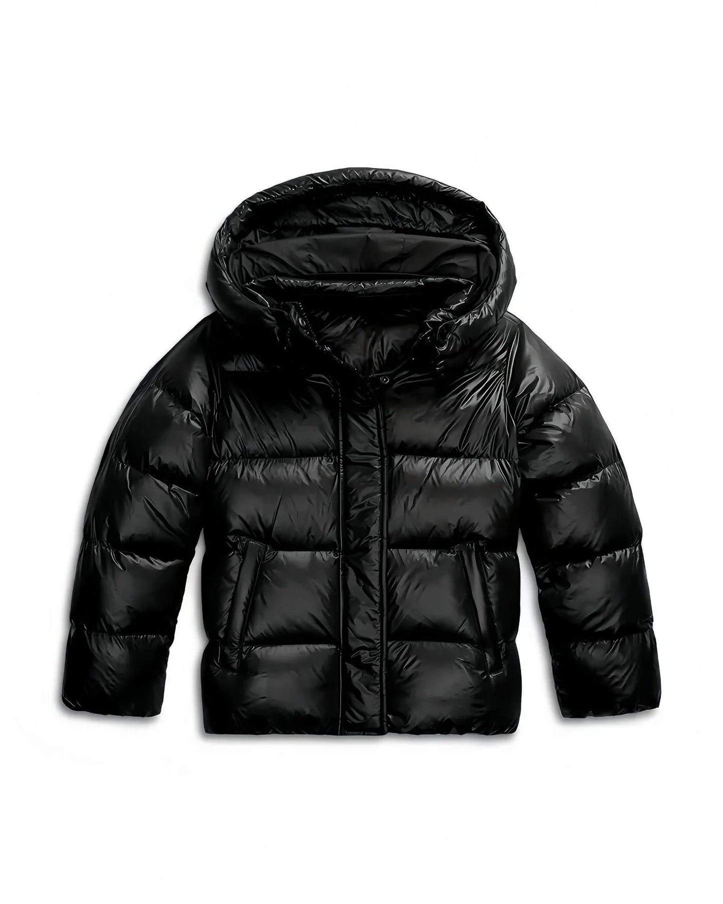 Doudoune femme noire à capuche, coupe vent, doublure chaude et poches pratiques pour les conditions froides.