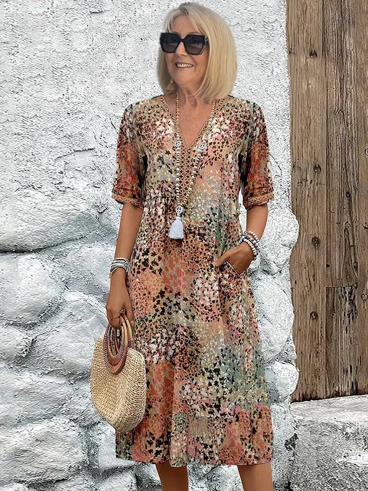 Abito Donna Scollo a V Fantasia Lunghezza Al Ginocchio