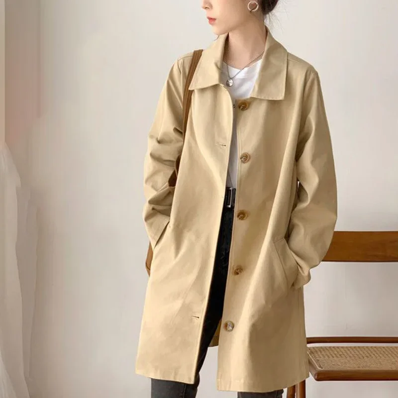 Trenchcoat Donna Monopetto con Rever Lunghezza al Ginocchio