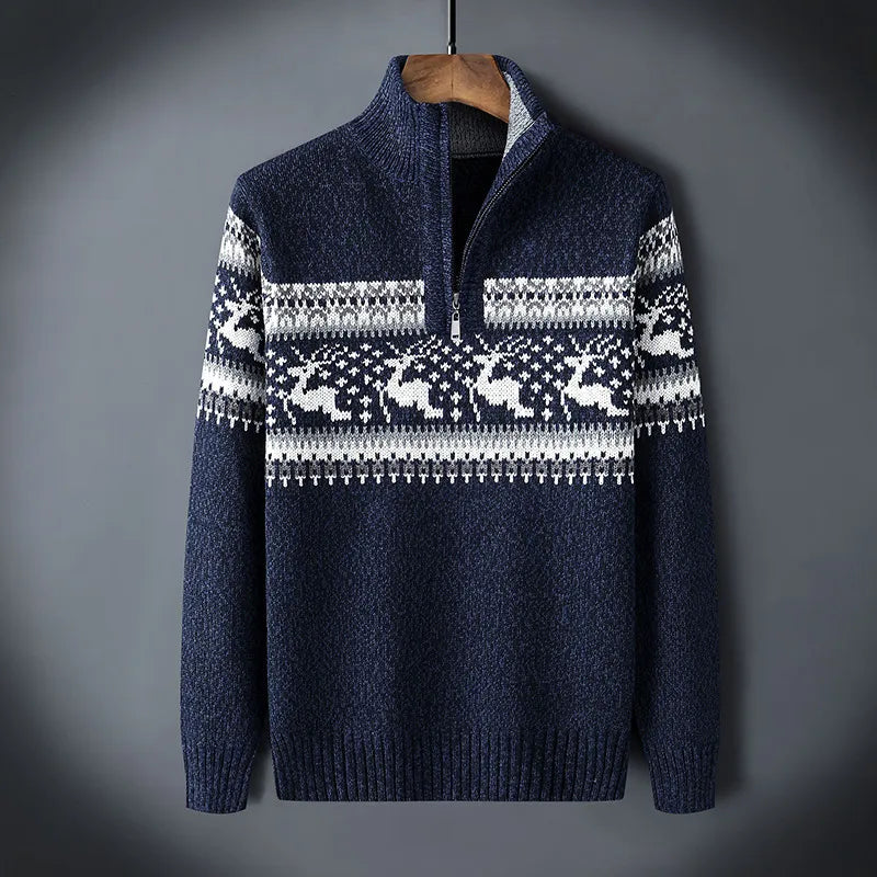 Maglione Uomo in Maglia Mezza Zip Motivo Stagionale