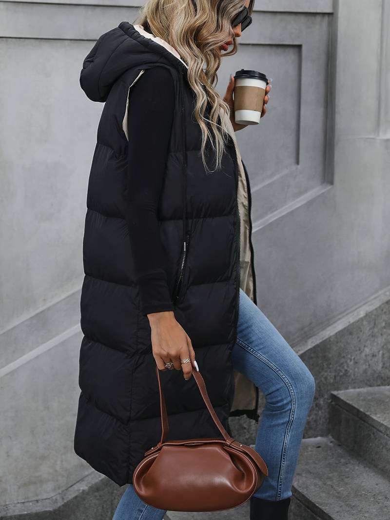 Gilet Lungo Donna con Cappuccio e Chiusura Zip